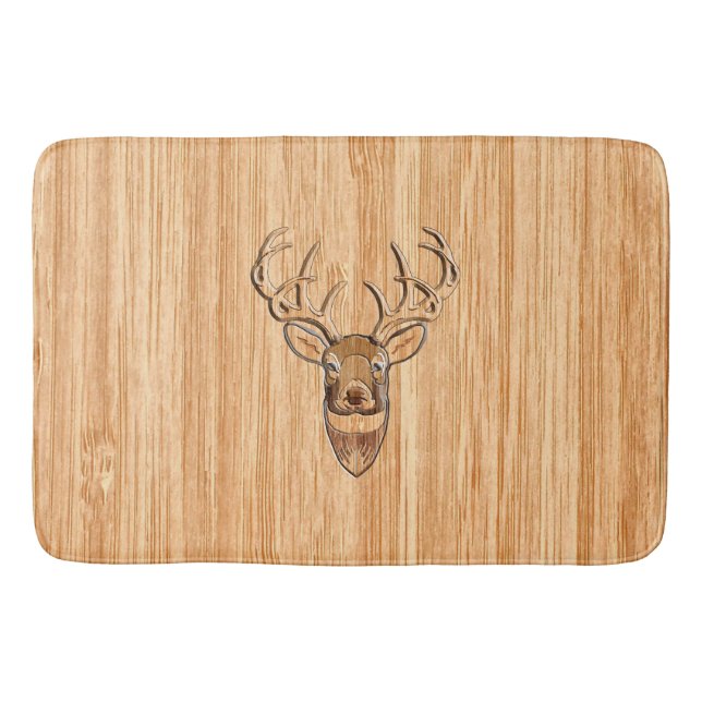 White Tail Deer Head Wood Grain Style Display Bathroom Mat (Front)