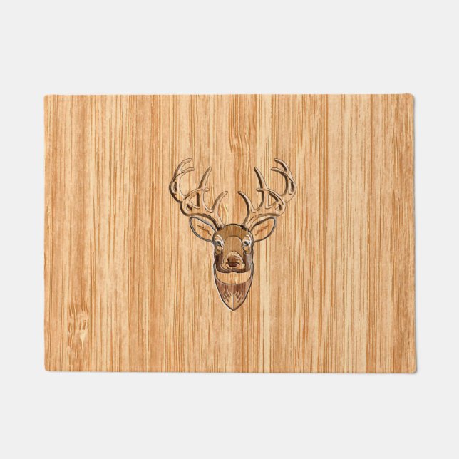 White Tail Deer Head Wood Grain Style Display Doormat (Front)