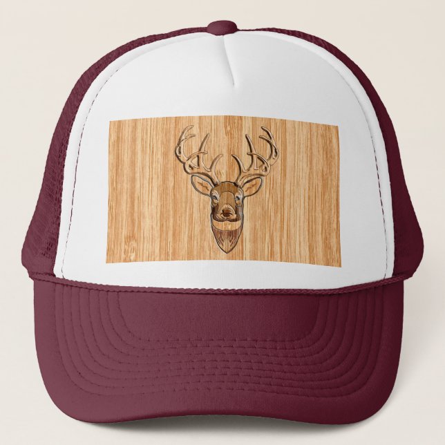 White Tail Deer Head Wood Grain Style Display Trucker Hat (Front)