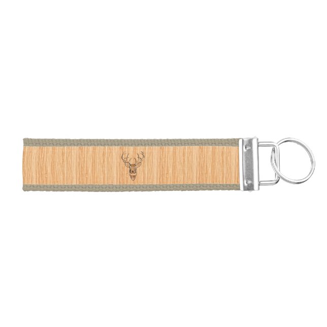 White Tail Deer Head Wood Grain Style Display Wrist Keychain (Keys on Right)