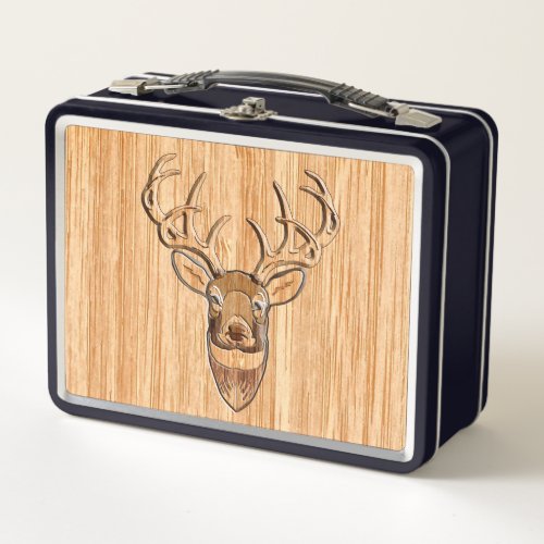 White Tail Deer Head Wood Grain Style Metal Lunch Box