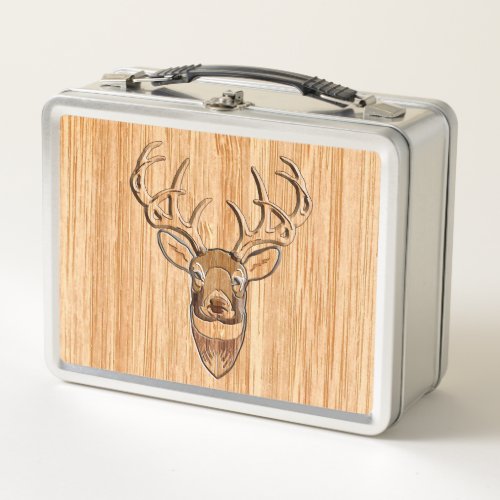 White Tail Deer Head Wood Grain Style Metal Lunch Box