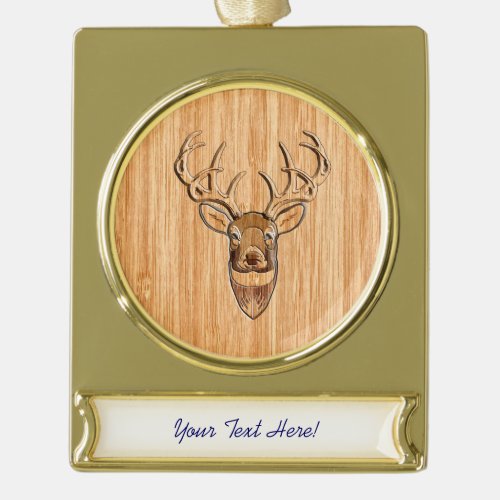 White Tail Deer Head Wood Grain Style Print Gold Plated Banner Ornament