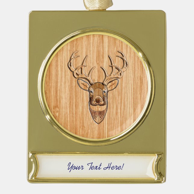 White Tail Deer Head Wood Grain Style Print Gold Plated Banner Ornament (Front)