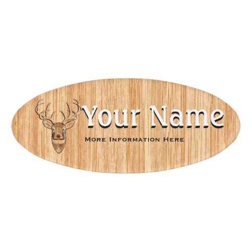 White Tail Deer Head Wood Grain Style Print Name Tag