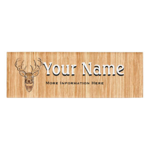 White Tail Deer Head Wood Grain Style Print Name Tag