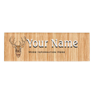 White Tail Deer Head Wood Grain Style Print Name Tag