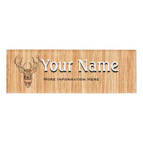 White Tail Deer Head Wood Grain Style Print Name Tag