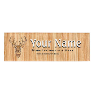 White Tail Deer Head Wood Grain Style Print Name Tag