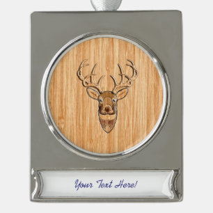 White Tail Deer Head Wood Grain Style Print Silver Plated Banner Ornament