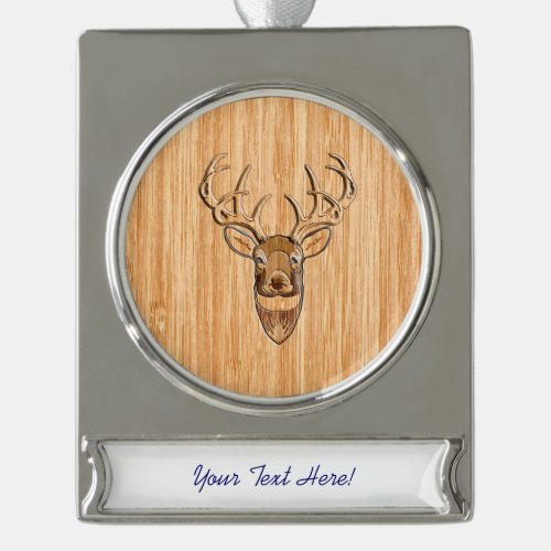 White Tail Deer Head Wood Grain Style Print Silver Plated Banner Ornament