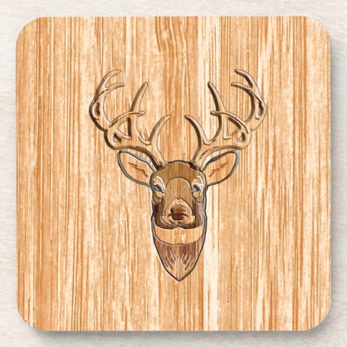 White Tail Deer Head Wood Inlay Grain Style Beverage Coaster