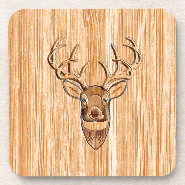 White Tail Deer Head Wood Inlay Grain Style Beverage Coaster (Front)
