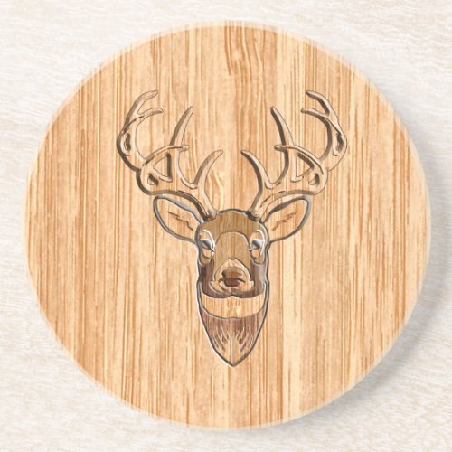 White Tail Deer Head Wood Inlay Grain Style Coaster