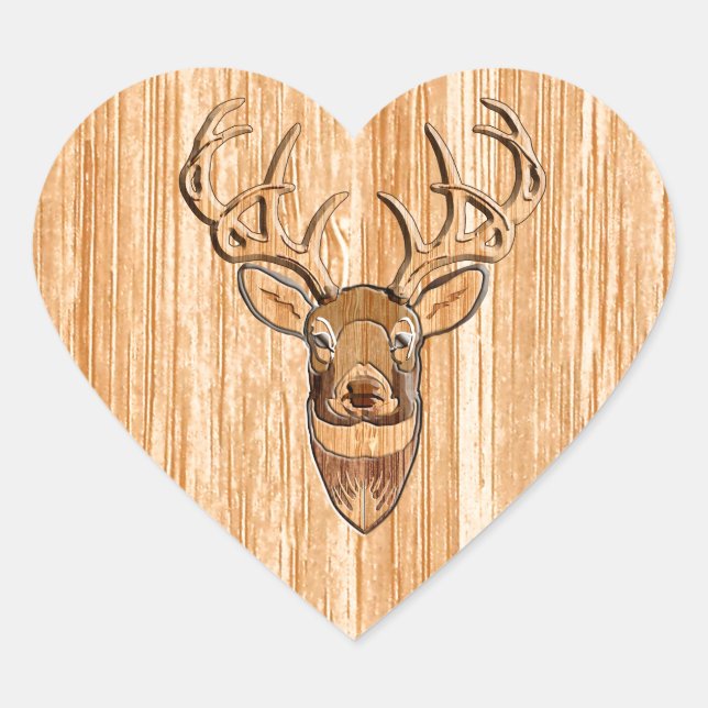 White Tail Deer Head Wood Inlay Grain Style Heart Sticker (Front)