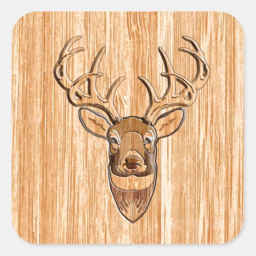 White Tail Deer Head Wood Inlay Grain Style Square Sticker