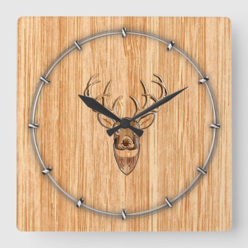 White Tail Deer Head Wood Inlay Grain Style Square Wall Clock