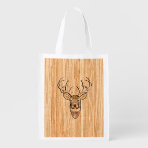 White Tail Deer Head Wood Inlay Style Grocery Bag