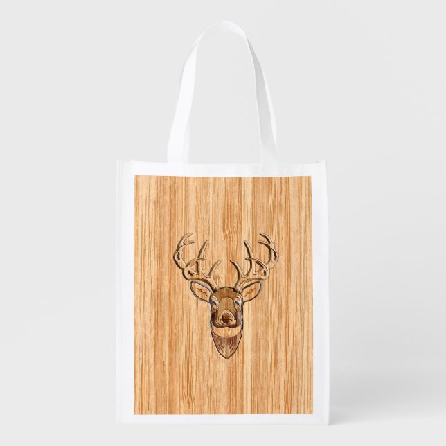 White Tail Deer Head Wood Inlay Style Grocery Bag (Front)