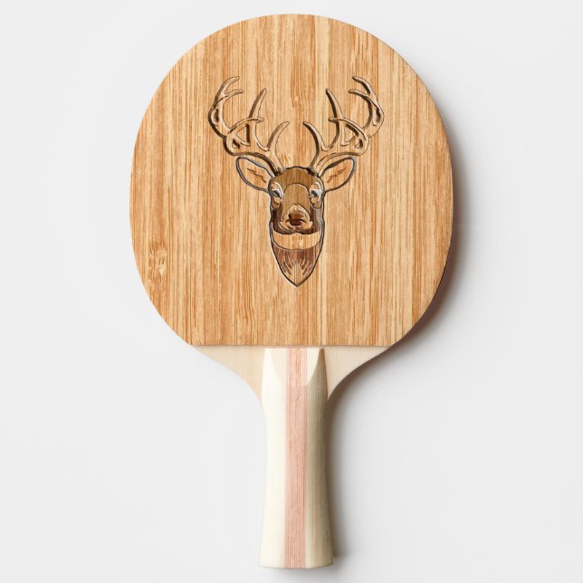 White Tail Deer Head Wood Inlay Style Ping Pong Paddle (Front)