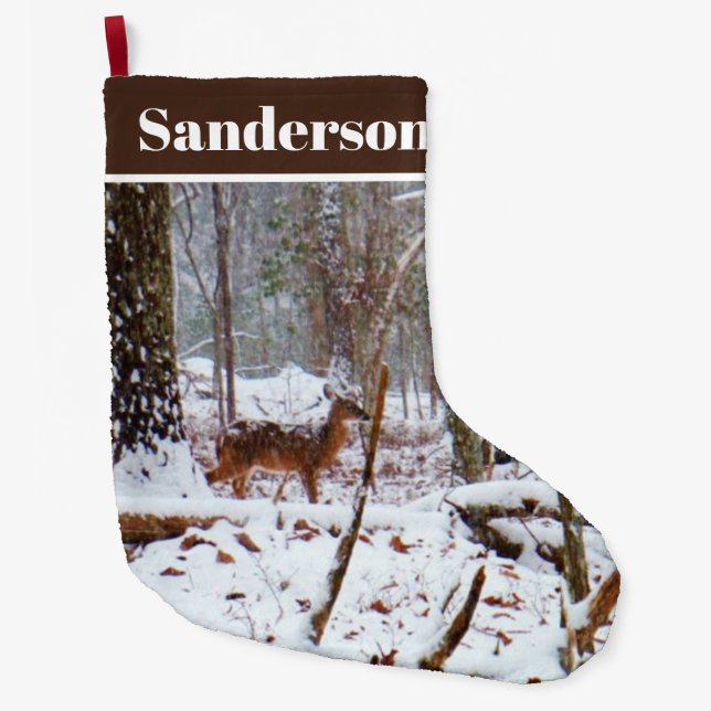 White Tail deer in Snow Large Christmas Stocking (Front)
