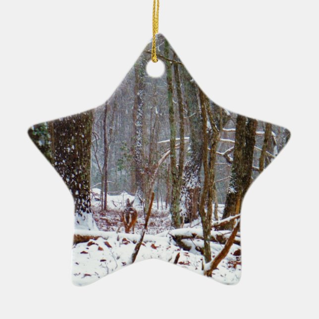 white tail deer in the snow ceramic ornament (Front)