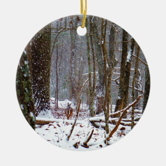 white tail deer in the snow ceramic ornament (Front)