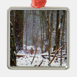 white tail deer in the snow metal ornament