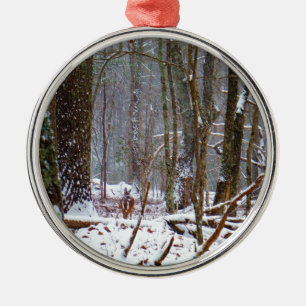 white tail deer in the snow metal ornament