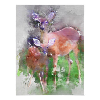 White Tail Deer in Watercolor Poster