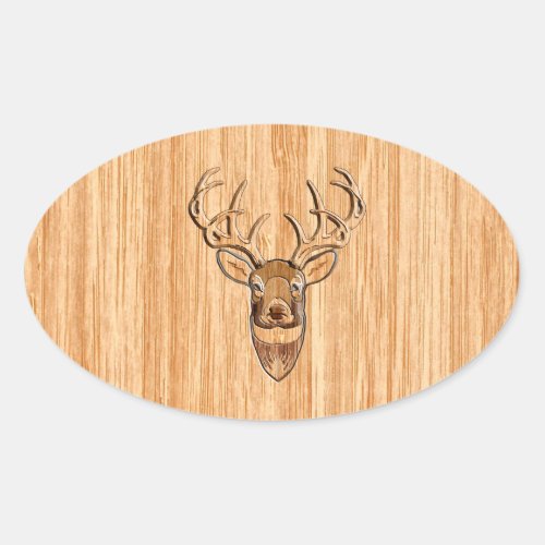 White Tail Deer Wood Grain Style Graphic Oval Sticker
