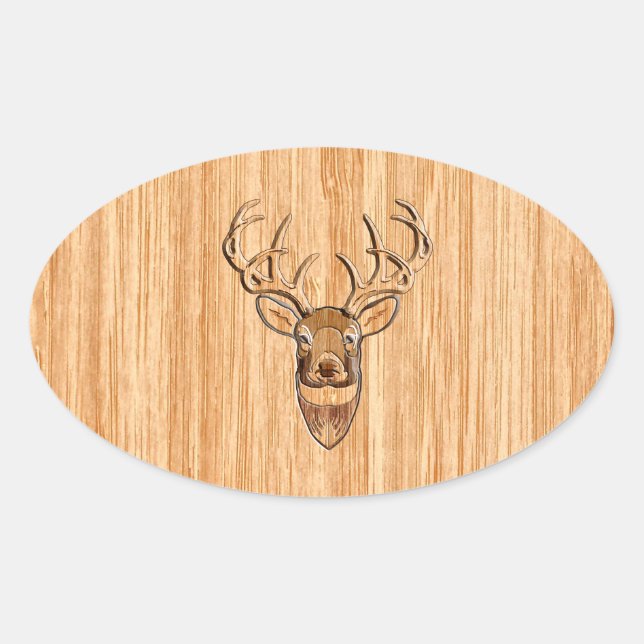 White Tail Deer Wood Grain Style Graphic Oval Sticker (Front)