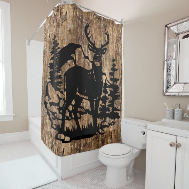 White-tailed Buck Silhouette On Faux Tree Bark Shower Curtain (In Situ)