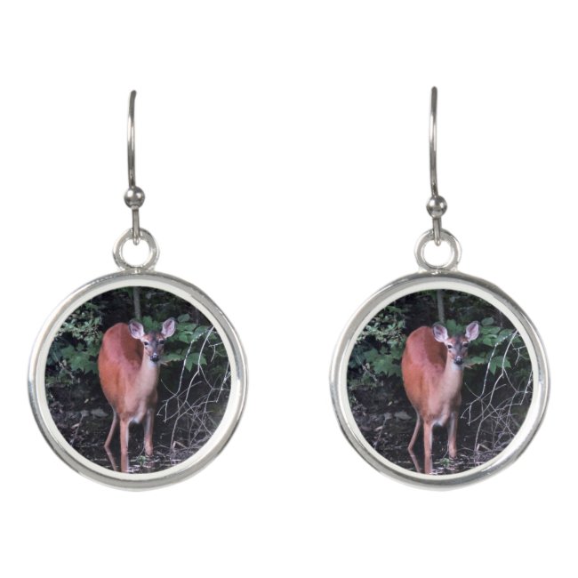White Tailed Deer at Forest Pond Drop Earrings
