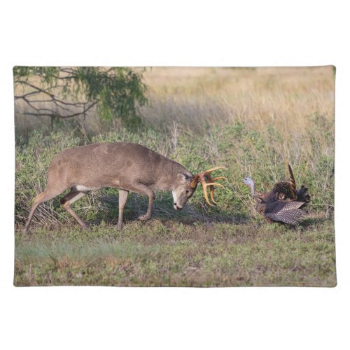 White_tailed Deer Fighting Wild Turkey Cloth Placemat