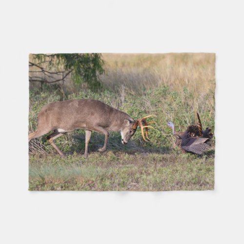 White_tailed Deer Fighting Wild Turkey Fleece Blanket