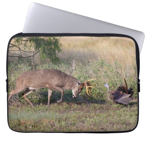 White_tailed Deer Fighting Wild Turkey Laptop Sleeve