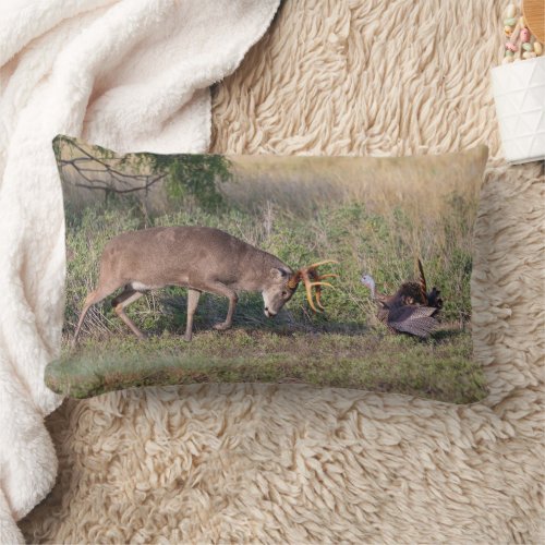 White_tailed Deer Fighting Wild Turkey Lumbar Pillow