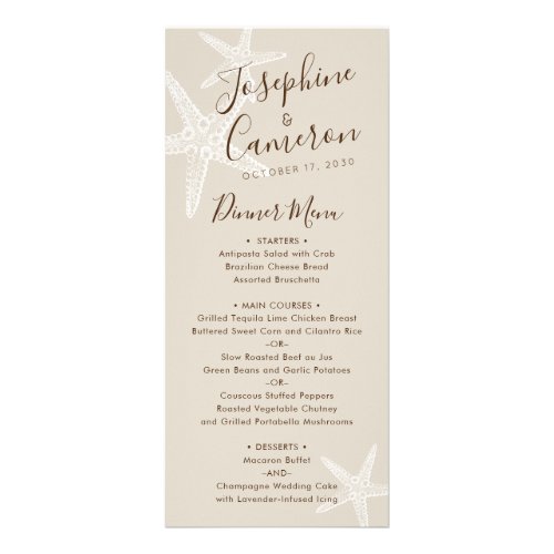 White Tan Starfish Beach Destination Wedding Menu