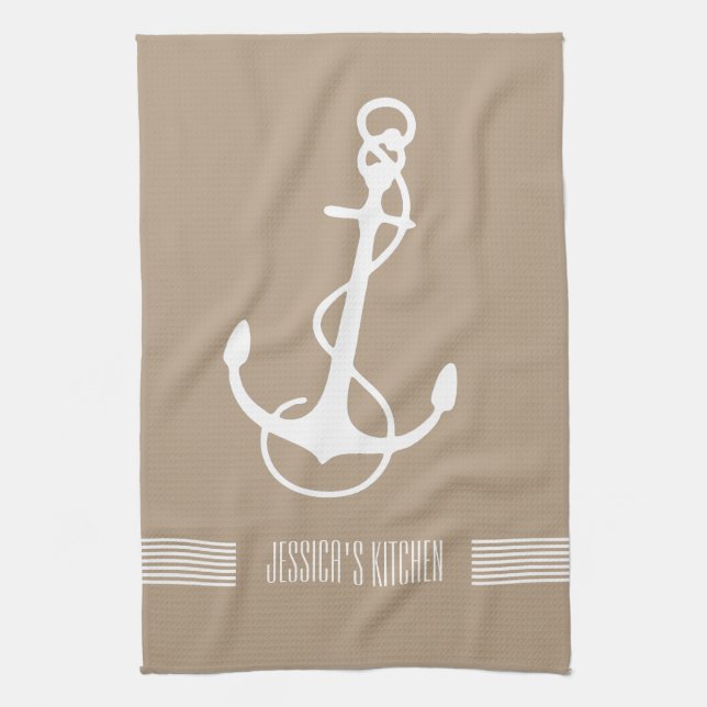White & Tan Stripes And Nautical Boat Anchor Kitchen Towel (Vertical)