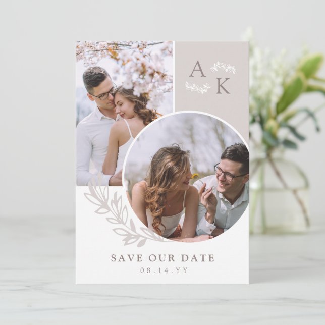 White Taupe Greenery Overlapping Photos Save The Date (Standing Front)