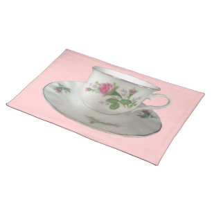 White TeaCup and Saucer and PinkRoses Placemat