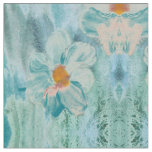 White Teal and Gold Print Fabric