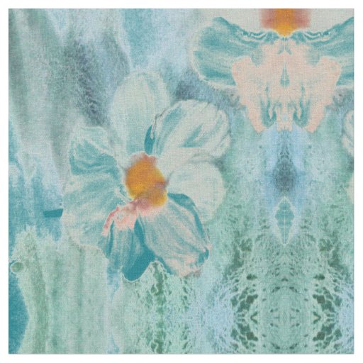 White Teal and Gold Print Fabric