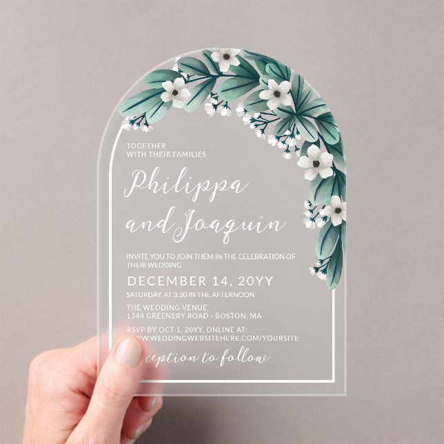White & Teal Baby's Breath Greenery Wedding Acrylic Invitations (Insitu (Handheld))