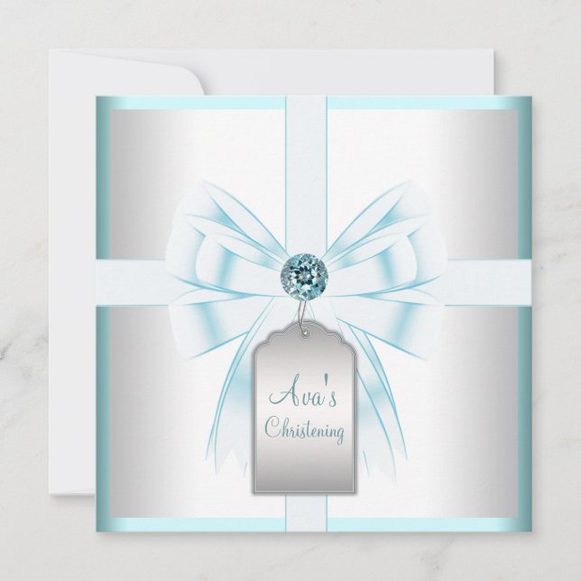 White Teal Blue Baby Baptism Christening Invitation (Front)