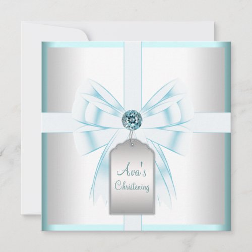 White Teal Blue Baby Baptism Christening Custom Invites
