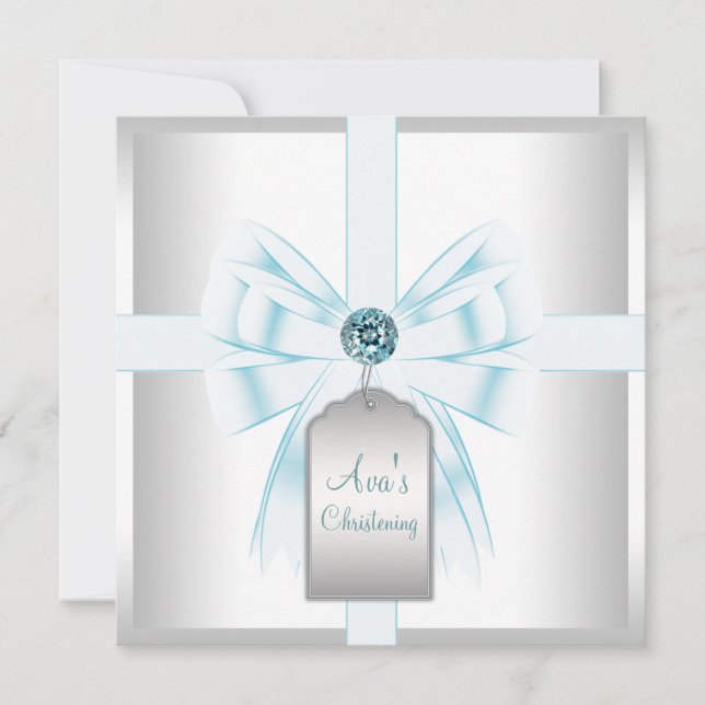 White Teal Blue Baby Baptism Christening Invitation (Front)