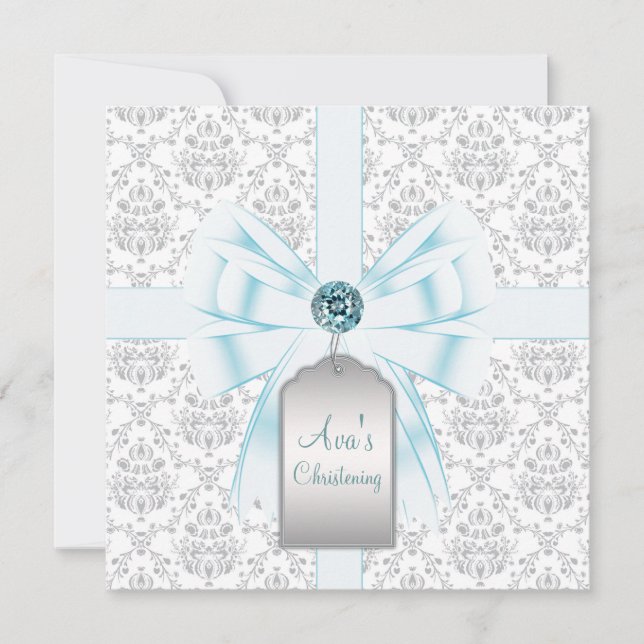 White Teal Blue Damask Baby Baptism Christening Invitation (Front)