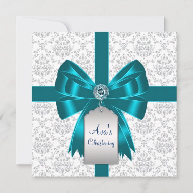 White Teal Blue Damask Baby Christening Invitation (Front)